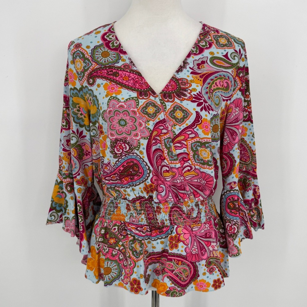 1.STATE Paisley Bell Sleeve Peplum Blouse Large Blue Pink Boho Festival Hippie